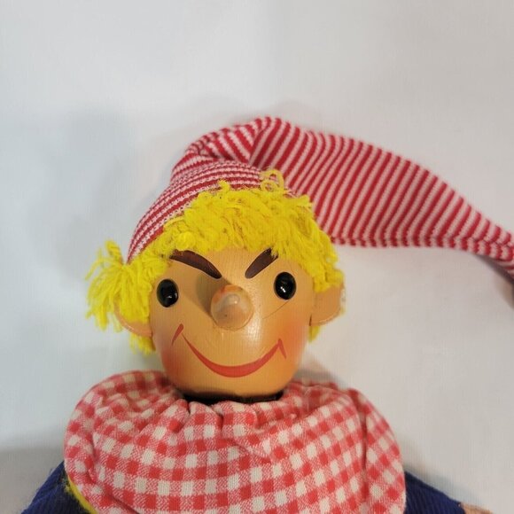 Vintage Pinocchio Puppet Hand Painted Wooden Face Yellow Hair Fabric Body - Picture 2 of 10